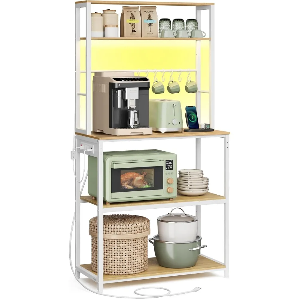 

Кофейный бар VASAGLE со светодиодной подсветкой, кухонная полка для пекарей с розеткой, подставка для микроволновой печи с регулируемыми полками, 8 крючков, 15.