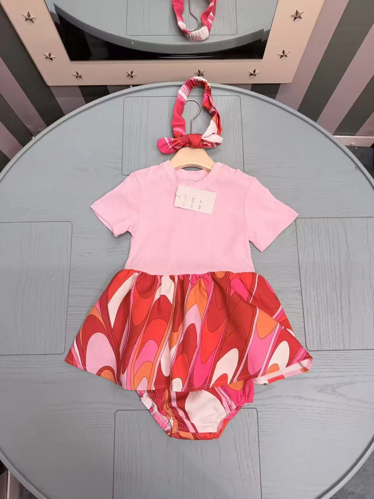 Baby short sleeved dress popular, newborn summer clothing hot baby girl dress headband underwear 3-piece set, high quality