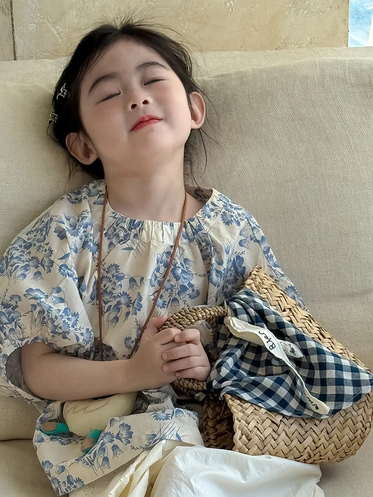 

2025 Summer New Children Short Sleeve Shirts Fashion Girls Loose Print Blouse Cotton Baby Thin Vacation Shirts Kids Clothes