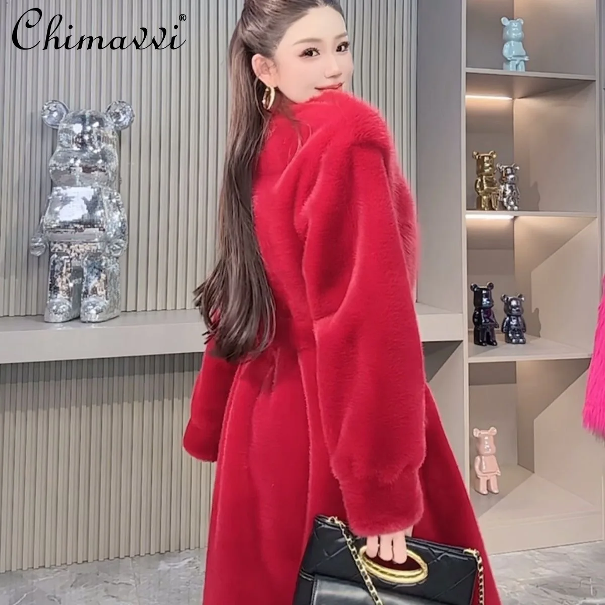 2025 ملابس الشتاء الجديدة الراقية الموضة الوقوف طوق كم طويل معطف الفرو ضوء الفاخرة الدافئة المرأة طويلة فو سترات من الفرو #5