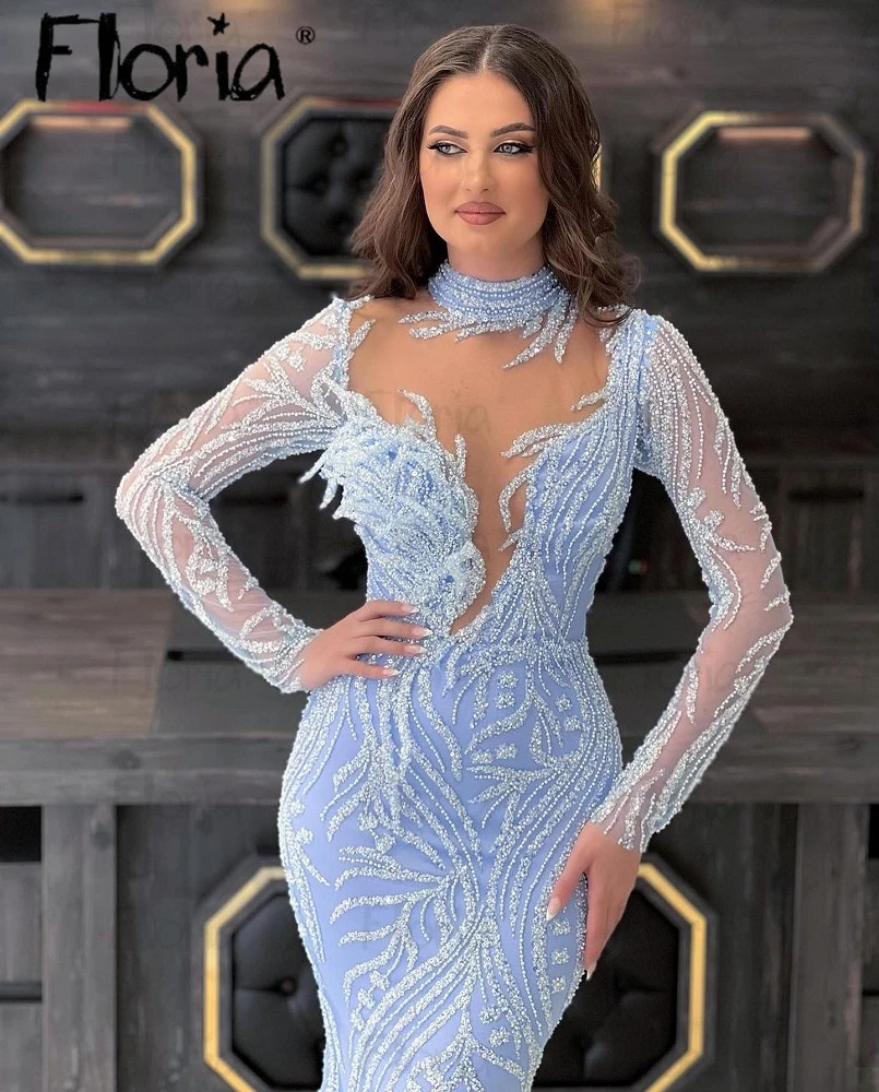 вечернее платье Light Blue Beaded Muslim Party Dress Custom Made High Neck Long Sleeves Mermaid Wedding Evening Event Gowns