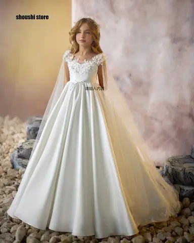 Elegant White Flower Girl Dresses With Wrap Customized Appliqued Litter Girls Birthday Party Gowns Baby First Communion Dresses