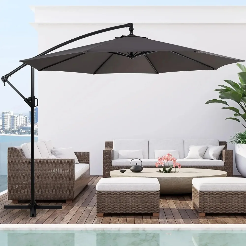 Patio Offset Umbrella w/Easy Tilt Adjustment,Crank and Cross Base, Outdoor Cantilever Hanging with 8 Ribs Waterproof Canopy