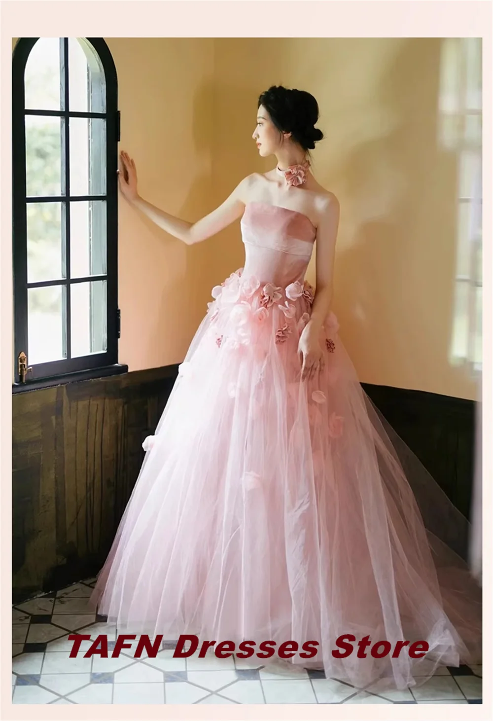 TAFN Luxury Pink A-line Wedding Dresses Strapless Handmade Flowers Bridal Gown Photo Shoot Floor-Length Ball Gown Customized