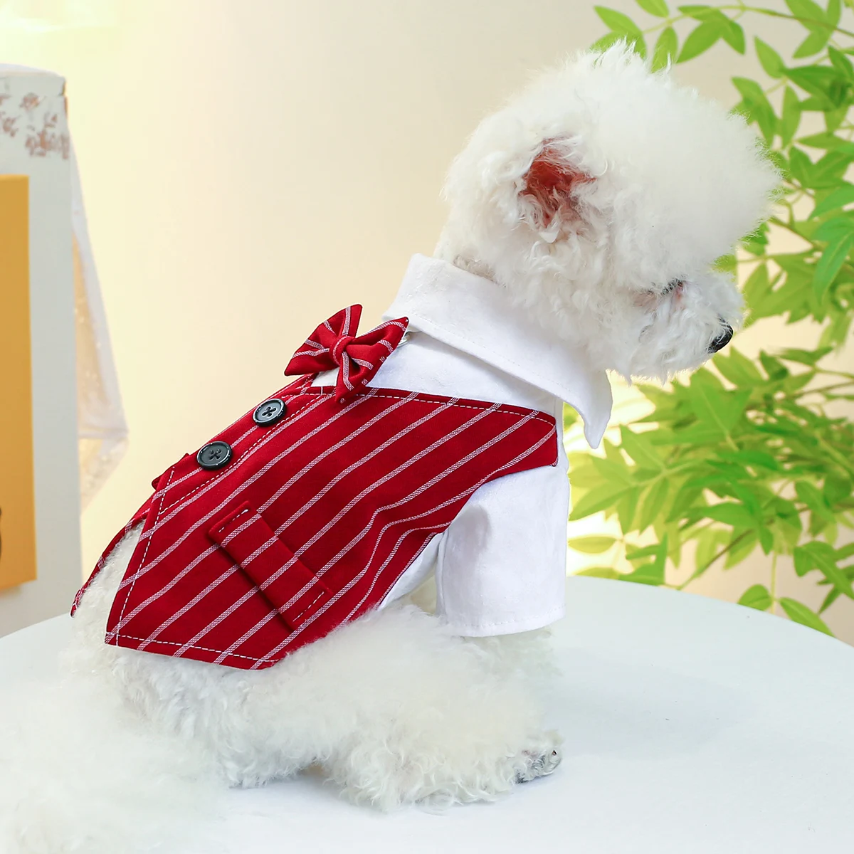 1PC Pet Clothing Dog Spring and Autumn Wine Red Stripe Gentleman Suit Shirt Coat With Drawstring Buckle For Small Medium Dogs