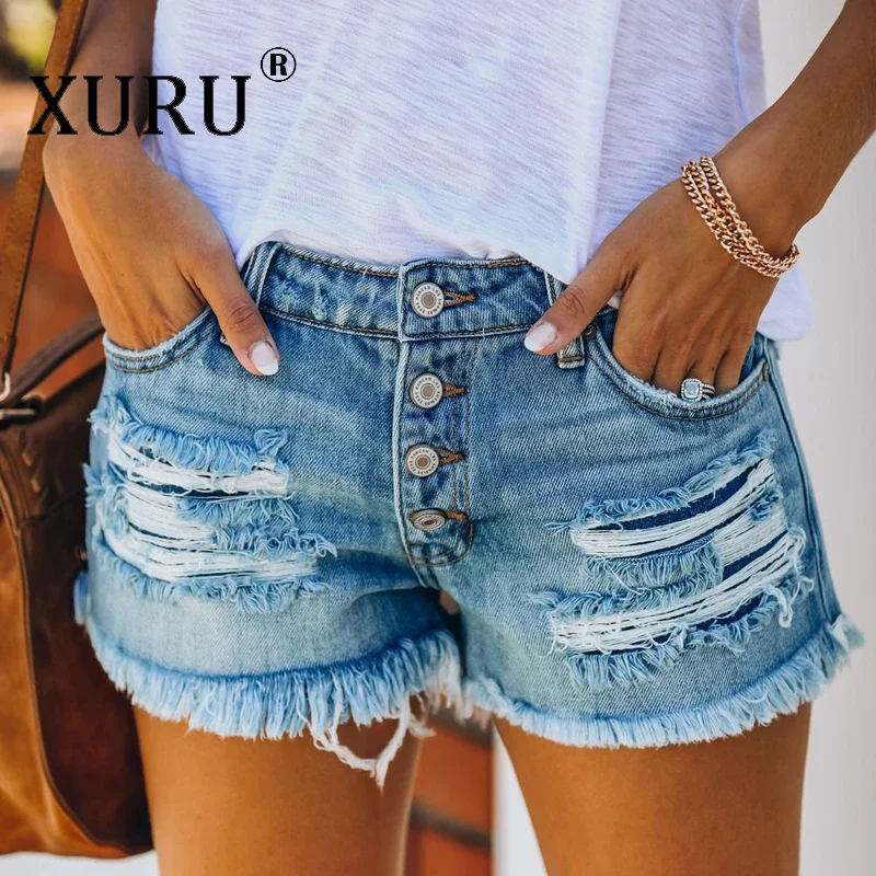 

XURU-Women's Distressed Tassel Jeans, Trendy Shorts, Straight Breasted, European and American, New, K1-628