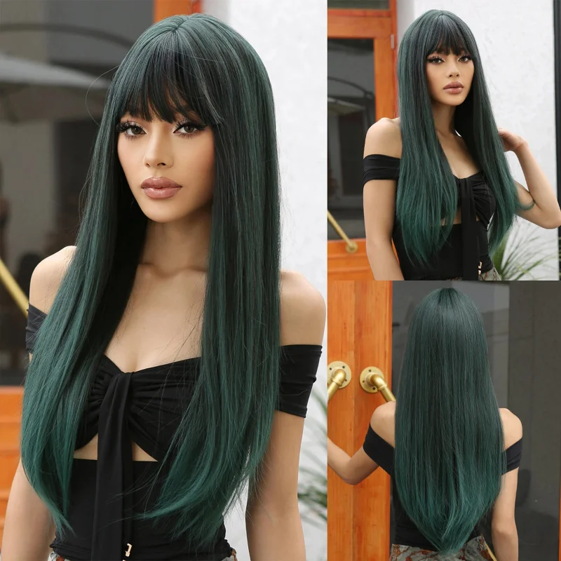 Long Straight Dark Green Synthetic Wigs with Bangs for Women Afro Halloween Green Cosplay Hair Natural Wig Daily Heat Resistant