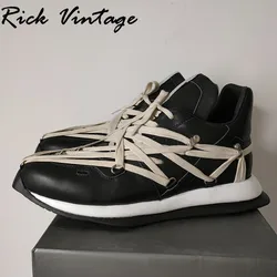 Rick Vintage Spring Platform Sneakers Men Designer Real Leather Casual Shoes Male Luxury Trainers Casual Lace-up Black Boots