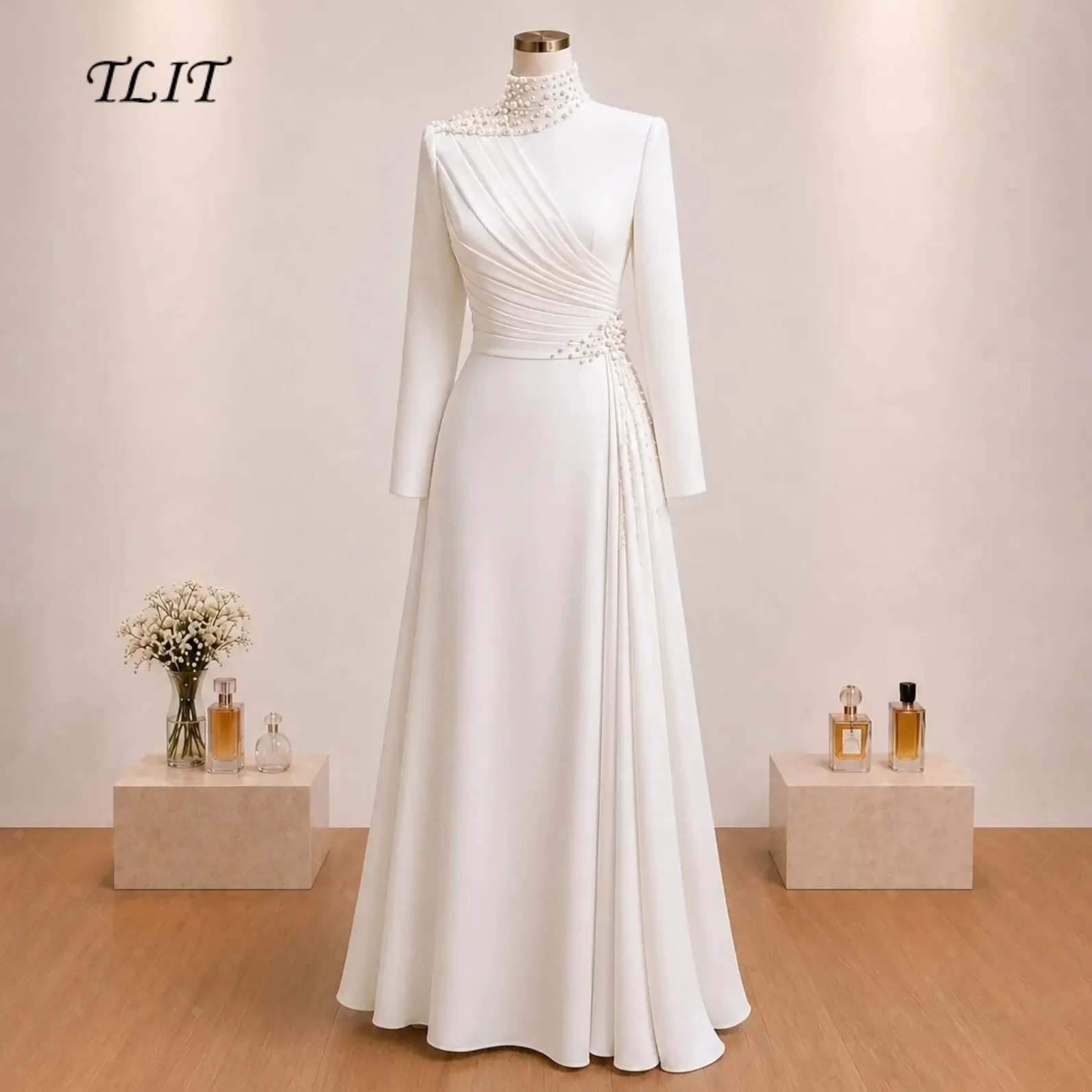 TLIT Customized Ivory Elegant Modest Bridal Gown High Collar Pleated Pearl Detail Long Sleeve Muslim Wedding Dress، ثوب عروس