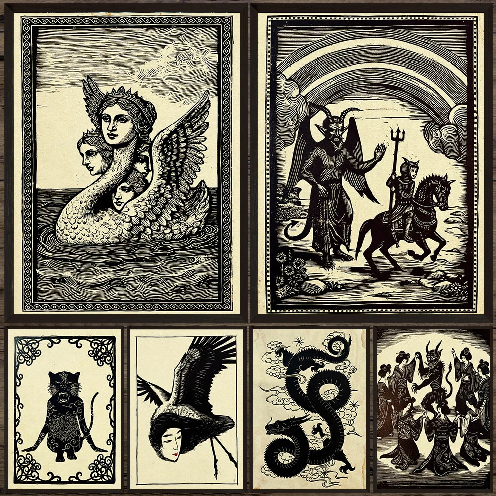 Antique Demon Myth Woodblock  Art Print,Mysterious Magical Creatures Wall Art Canvas,Unique Gift For Gothic&Mythology Art Lovers