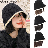 Synthetic hat wig female short straight hair warm soft knit autumn and winter hat heat-resistant wig suitable for women to wear