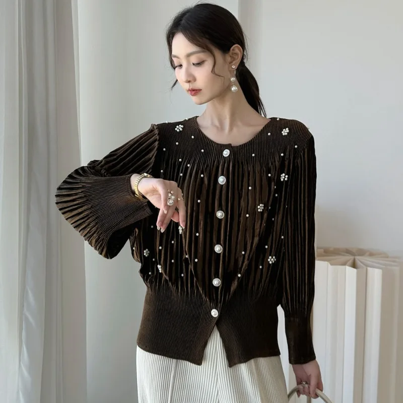 

Miyake Women Pleated Velvet Blouse New Versatile Three-dimensional Pearl Print Gentle Wind Shirt Long-sleeved T-shirt Jacket