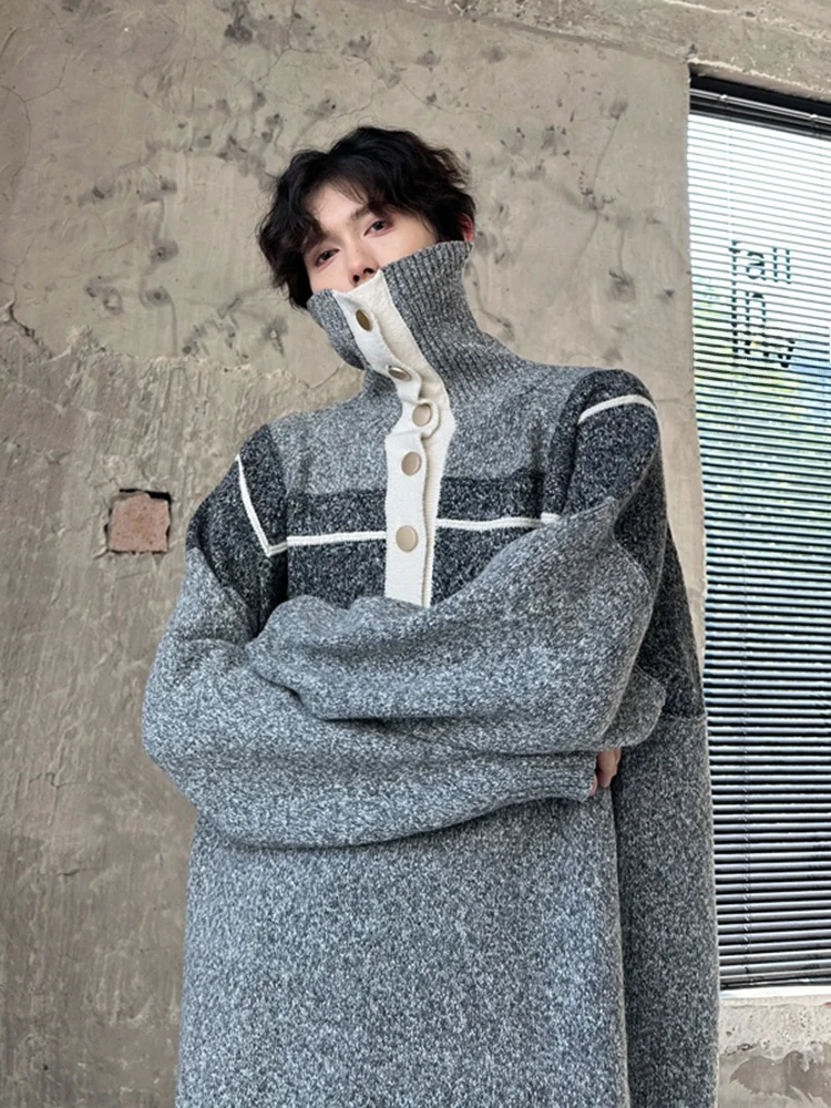 

Мужской трикотажный свитер с высоким воротником, металлическим декором, модный, осенне-зимний, мягкий, комфортный, средней толщины, в полоску, свободного кроя