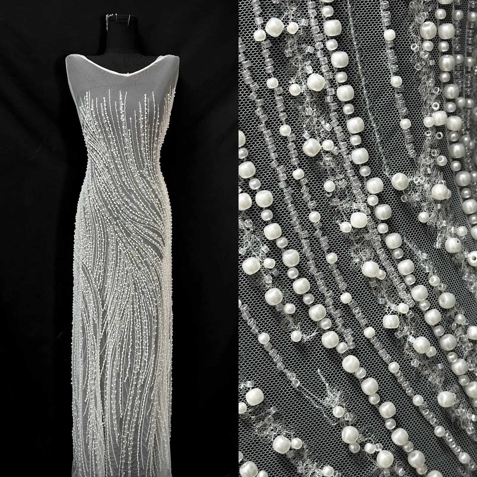 

White Wedding Dress Lace Fabric 2025 High-Quality French Nigerian Beaded Sequin Bridal Lace Fabric Wedding Party Dress Sewing