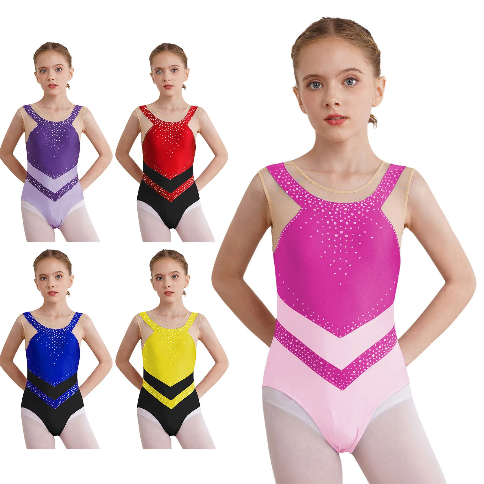 Kids Girls Gymnastics Figure Skating Jumpsuit Rhinestones Sleeveless Sheer Mesh Ballet Dance Leotard Stage Performance Costume