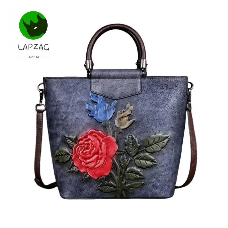 Lapzag High quality 100% real Cowhide Women Embossed Tote bags big Luxury Floral Handbags Genuine Leather Shoulder Bag for girls