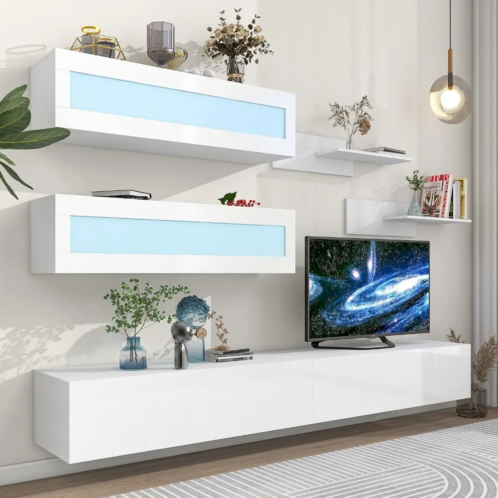 Soporte de TV flotante de montaje en pared con cuatro armarios de almacenamiento multimedia y dos estantes, televisión de más de 95 pulgadas, luces LED RGB de 16 colores