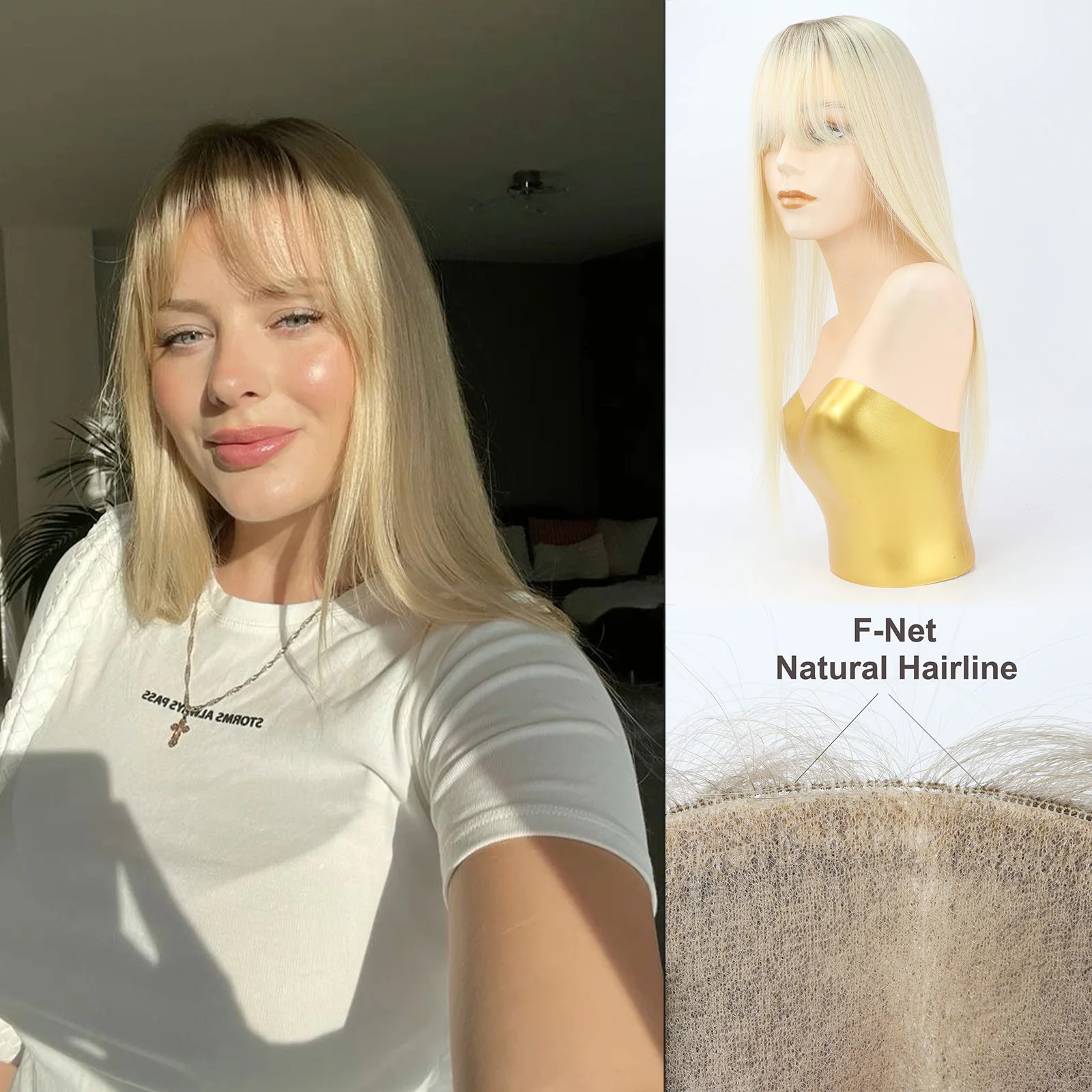 

Накладка для волос из натуральных человеческих волос, блонд, 20 дюймов, с воздушной челкой, 10x12 см, шелковая основа, естественная линия роста волос, эффект кожи, на заколках, для женщин