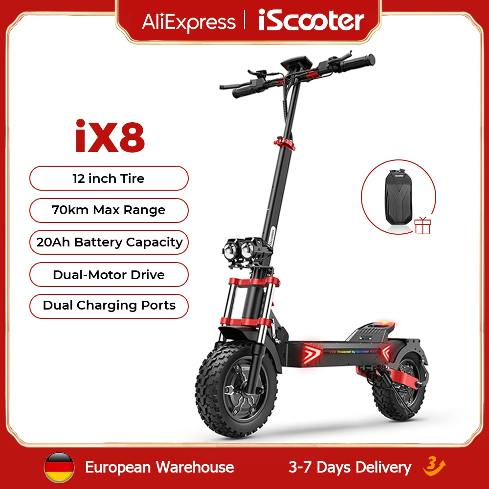 iScooter iX-8 12-inch elektrische scooter, all-terrain dubbele motor aandrijving, 48V20Ah lithium-ion batterij, 70 km lange actieradius, opvouwbare scooter voor volwassenen