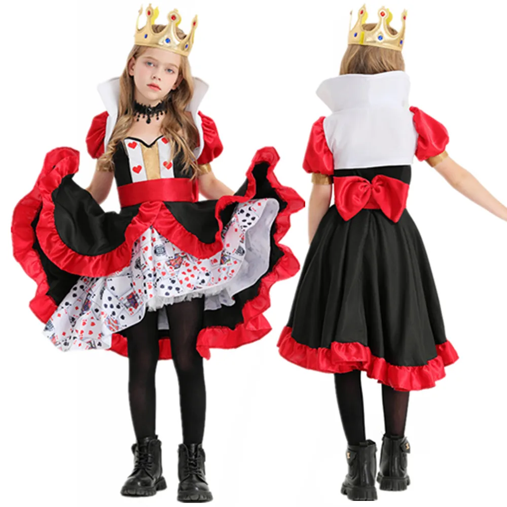 Full Set Queen of Hearts Costume Girls Poker Queen Cosplay Halloween Carnival Party Fancy Dress Up for Kids Children