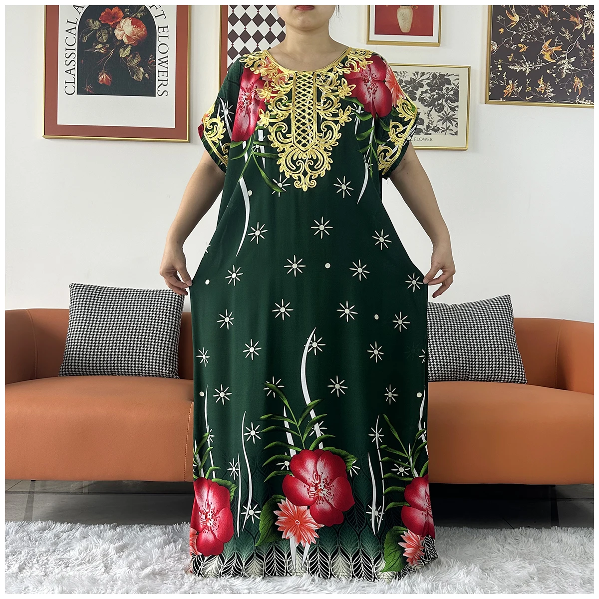 2 Pieces African Dashiki Floral Printing Loose Cotton Caftan Lady Summer Maxi Casual Dresses With Scarf  Vestidos Short Sleeve