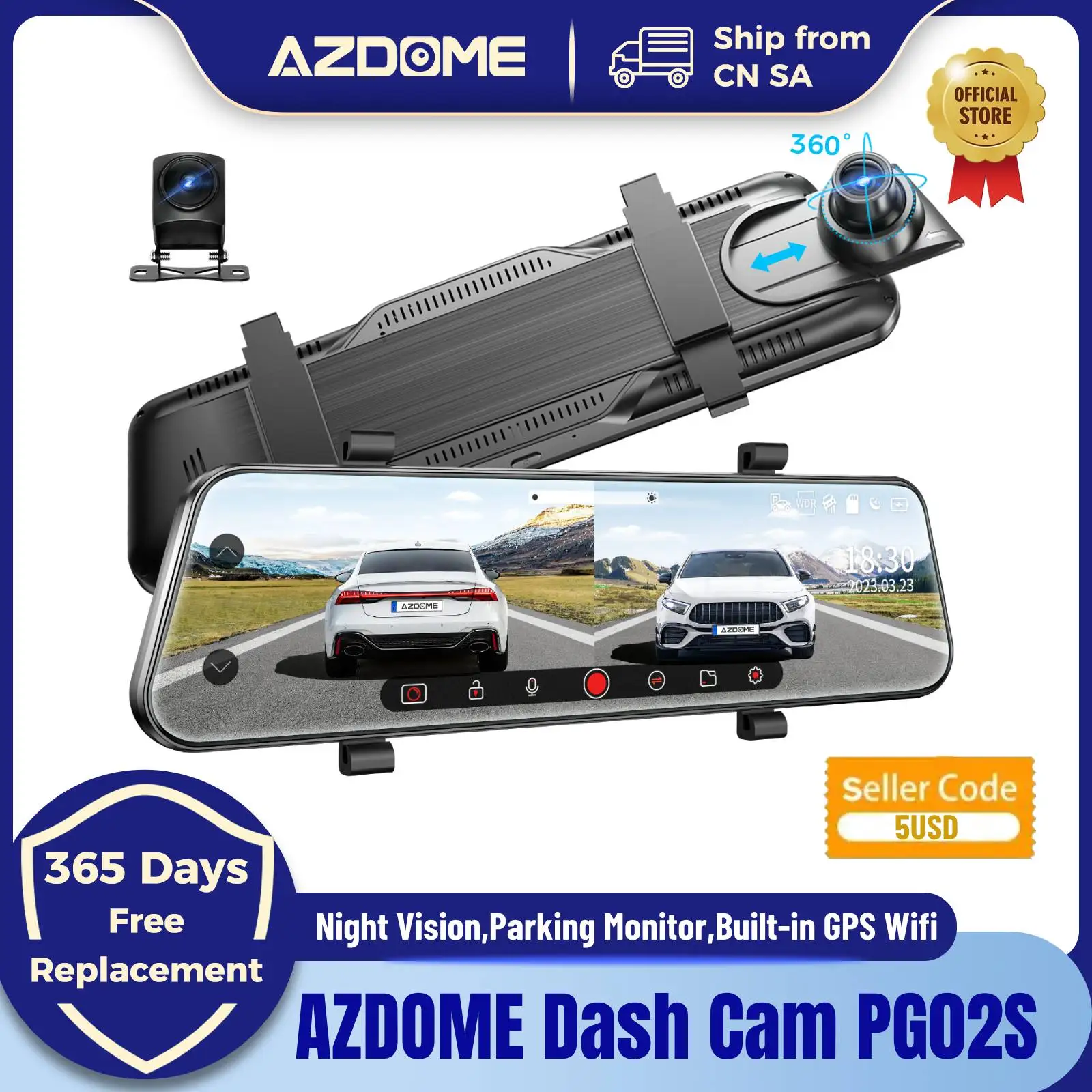 AZDOME Dash Cam PG02S Recorder Car DVR Front Cam Night Vision Parking Monitor Car Cameras Built-in GPS Wifi Support Rear Cam