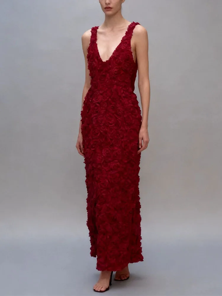 

Three dimensional flower solid color dress socialite vest style V-neck dress sweet and spicy style private dress