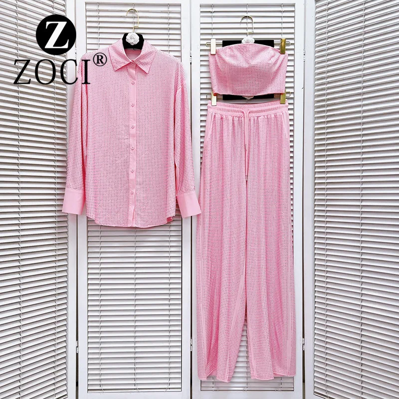 [ZOCI] Women Nan Youhuo's niche summer style shirt+strapless+elastic waist long pants hot diamond casual three piece