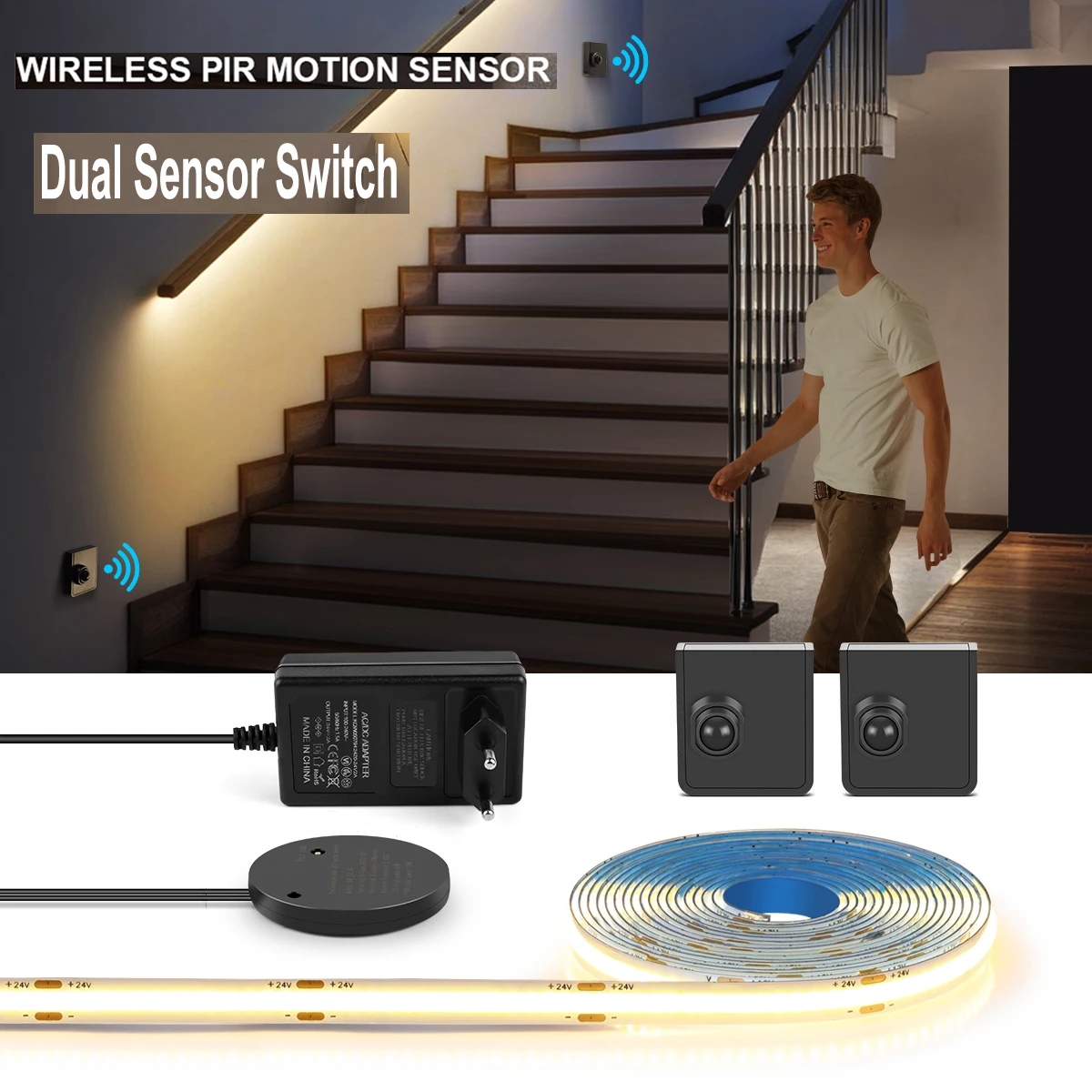 

One/Two Group Sensor Switch COB LED Stair Night Lights+RF Reciever+24V Power Adapter LED Strip Kitchen Cabinet Wardrobe Lighting