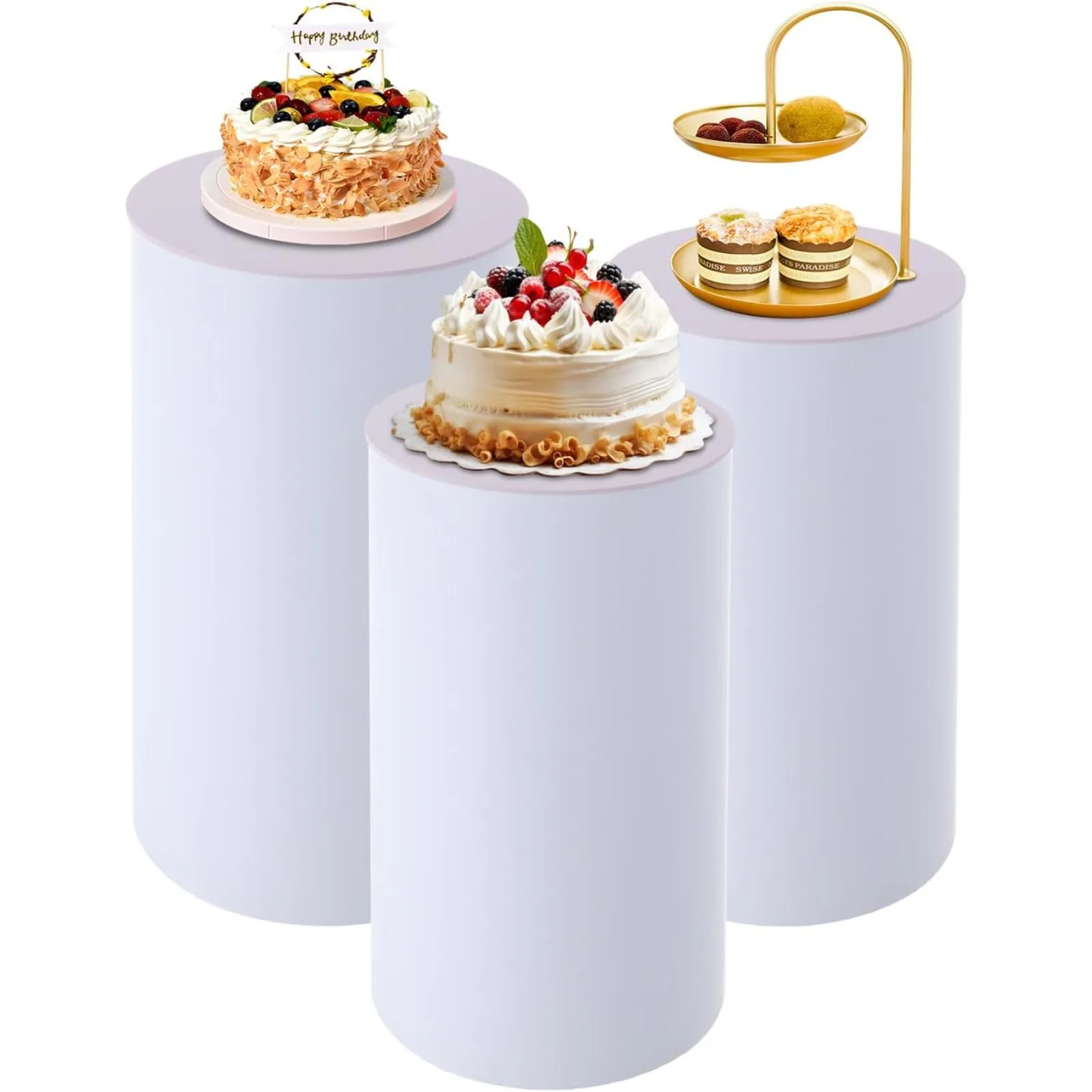 

BYMAOCAR Cylinder Pedestal Stands 3 Pcs White Pedestal Display Plinth Pillars, Tables Cake Stands for Birthday Parties (White)