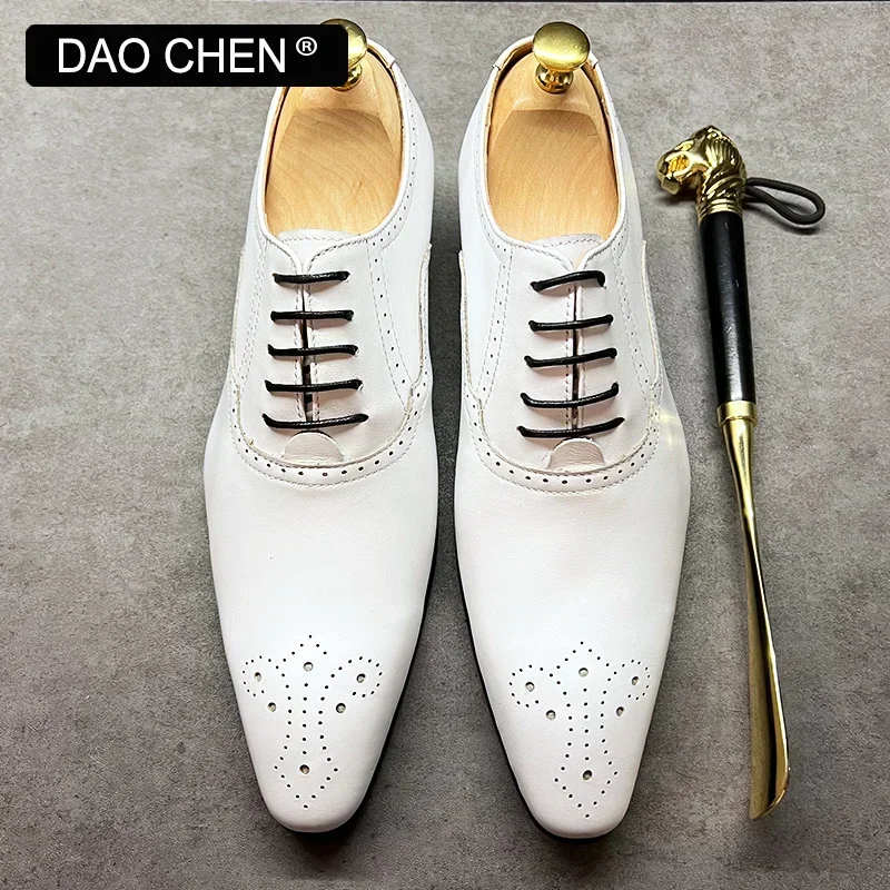 Zapatos de OXFORD italianos para hombre, vestido de lujo con cordones en BROGUE blanco y negro, zapatos de boda de negocios para oficina para