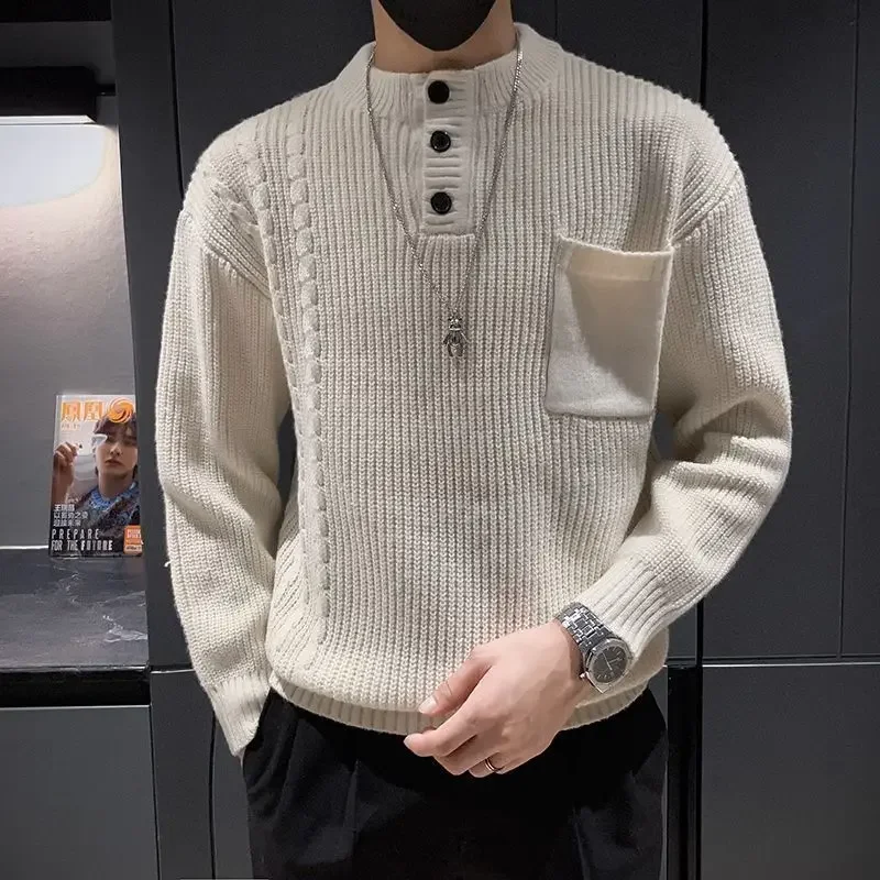 Pullover uomo con tasche maglieria tinta unita maglione lavorato a maglia da uomo spesso manica lunga alta qualità vestibilità ampia Y2k tessuto originale