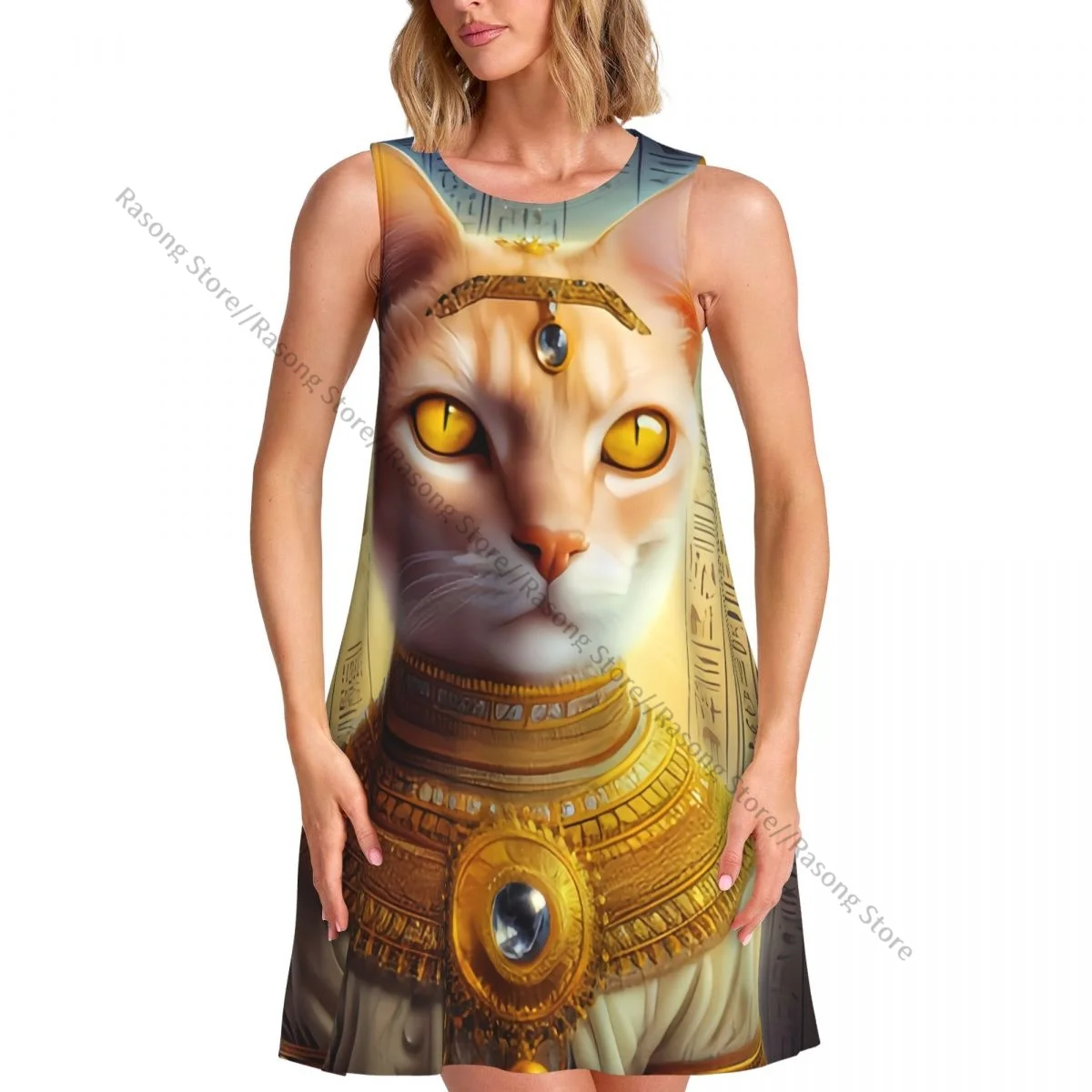 Damska sukienka Kot w egipskim kostiumie z hieroglifami Letnia koszulka na co dzień Zakrywająca plażę Sukienka bez rękawów