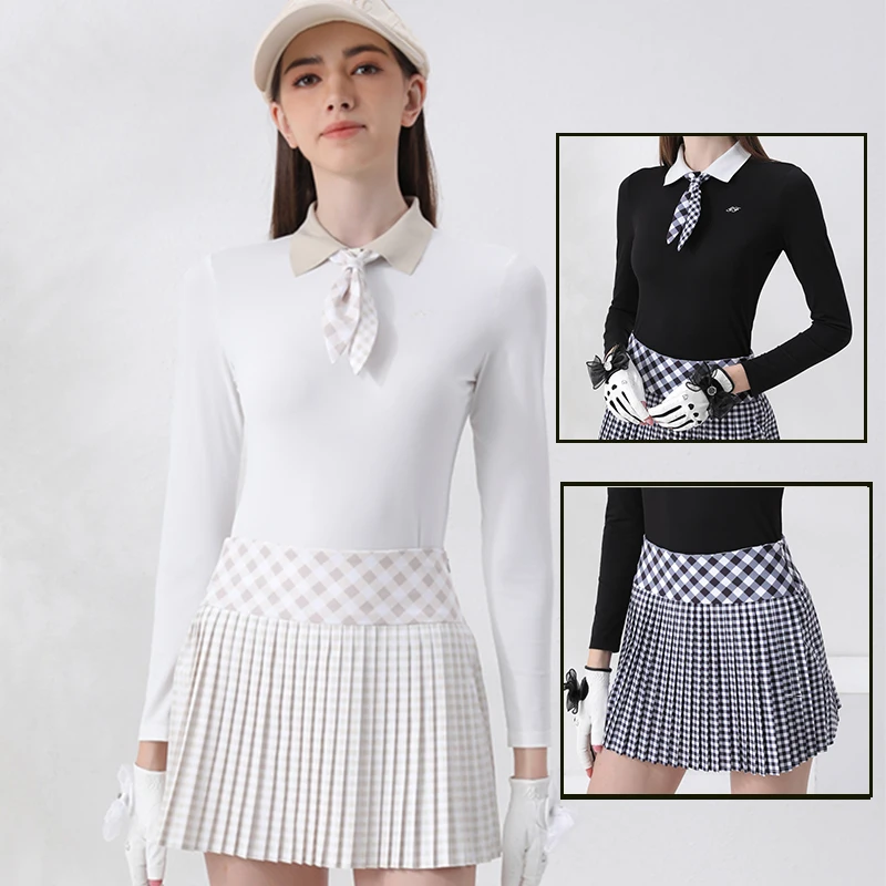 Golfist Women Long-sleeved Polo Tops with Bowtie Ladies Elegant T-shirt Plaid Pleats Golf Skirt Spring Autumn High Waist Skorts