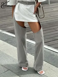 Oymimi lässig neue grau aushöhlen Damen hose elegante hoch taillierte Knopf weibliche Hose Mode gerade in voller Länge Hosen