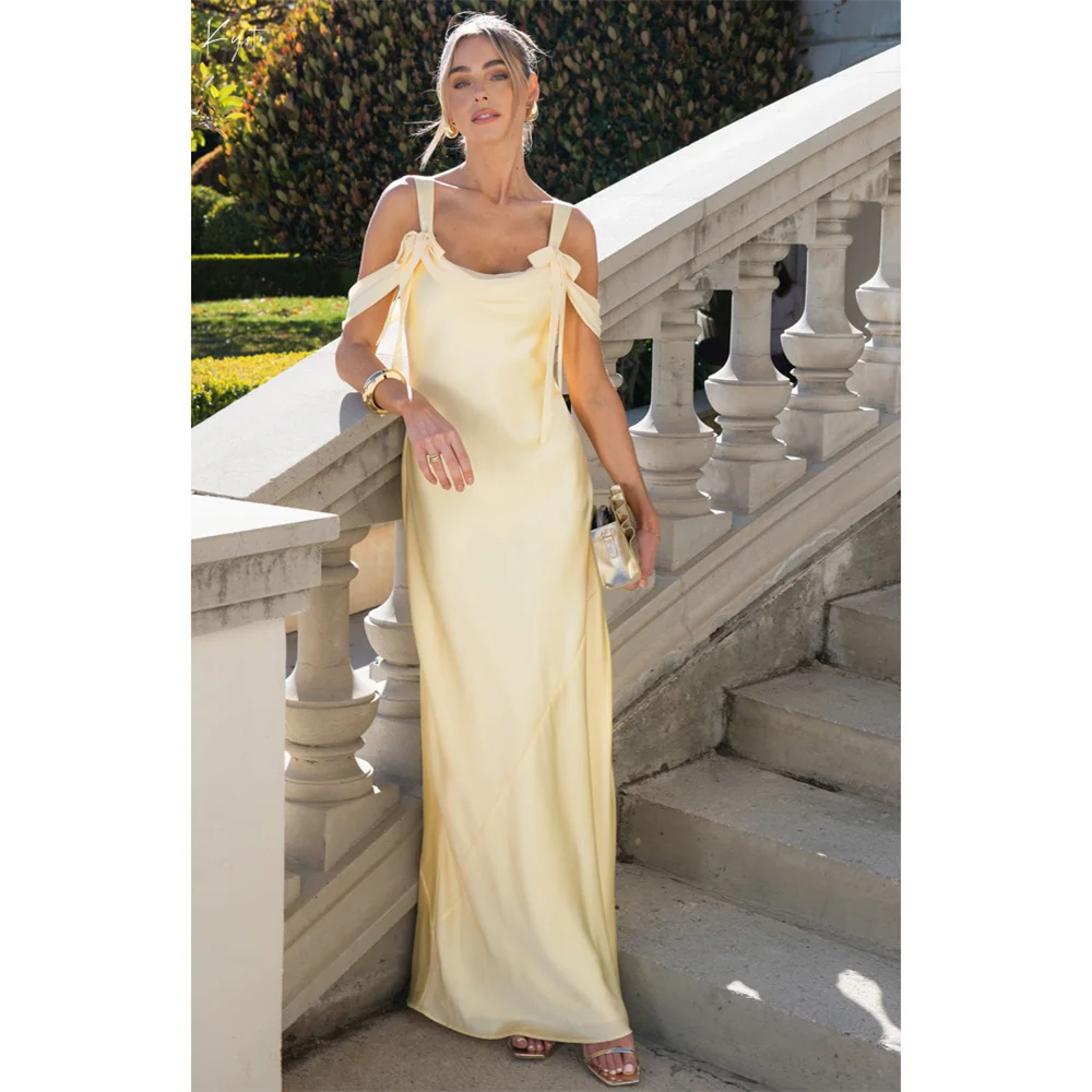 

Kyoto Customized Yellow Off Shoulder Bow Straps ridesmaid Dresses Column robe mariage invité Ankle-Length Wedding Guest Dress