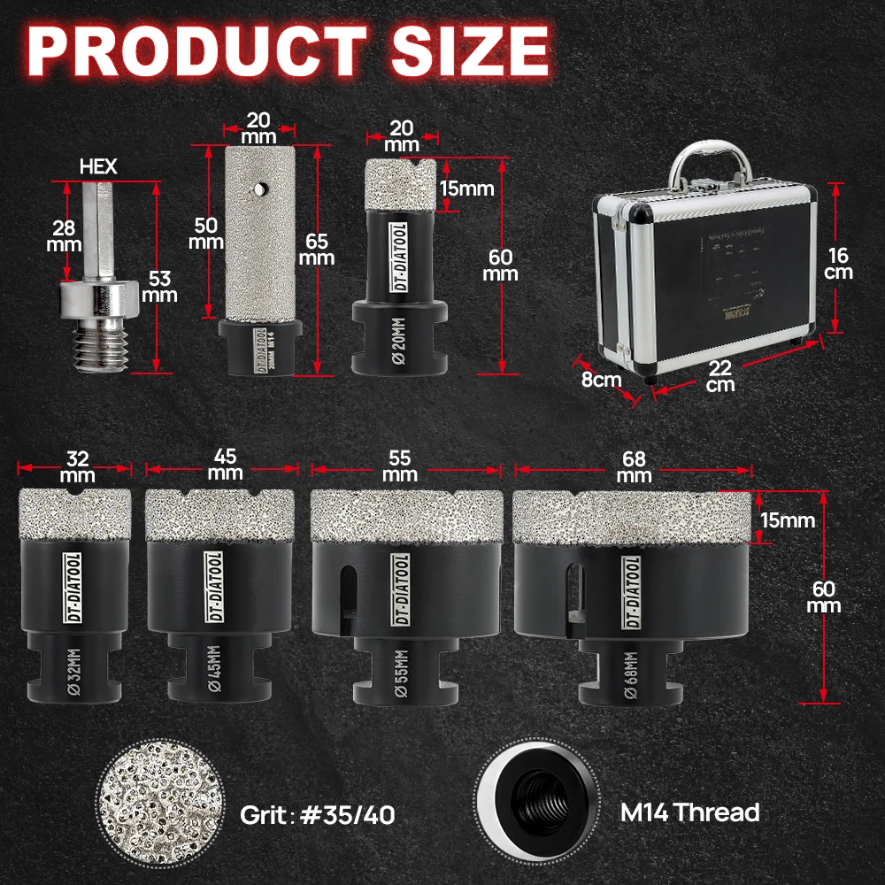 Dt diatool-ダイヤモンドホールソーカッター,ドリルビットセット,タイル磁器セラミック用m14,20mm, 32mm, 45mm, 55mm, 68mm, 1セット