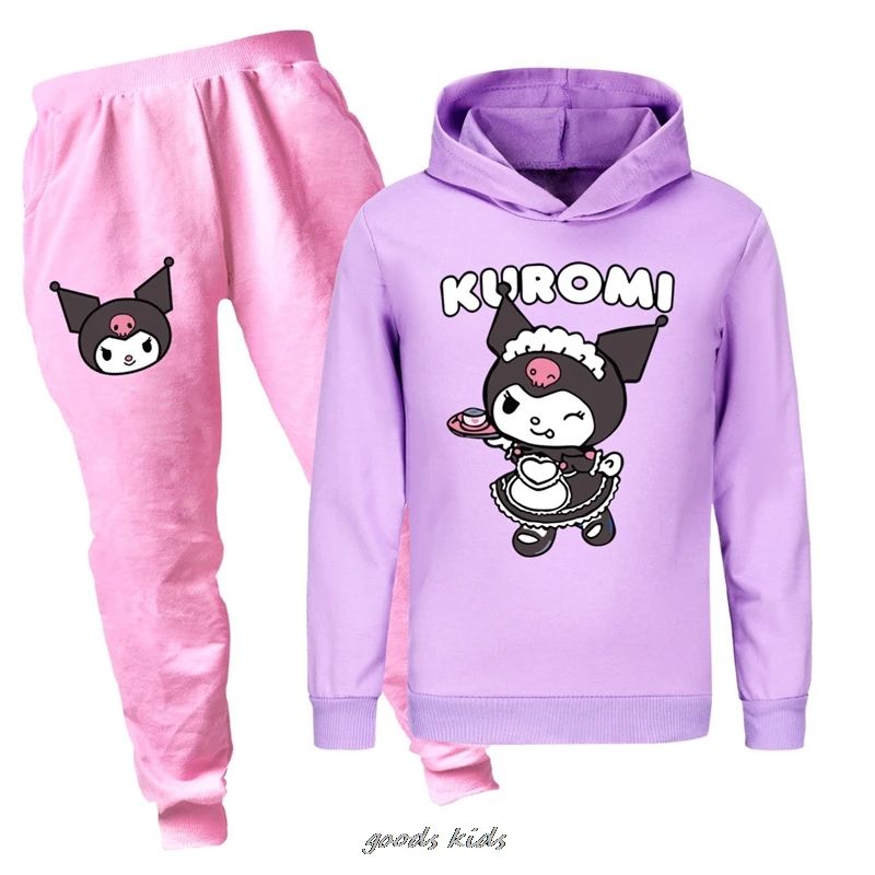 

Hot Lovely Kuromi Melody Boys Girls Fashion Tracksuit Clothes Children Teen Kids Casual Hooded T-Shirt+Pants 2pcs Set 2-16Y Gift