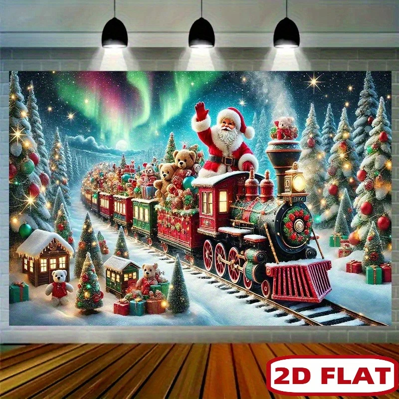 2D Flat Christmas Train Scene Polyester Banner | 8x6 Feet Multifunctional Festive Decoration, Studio Photography Background, Sui