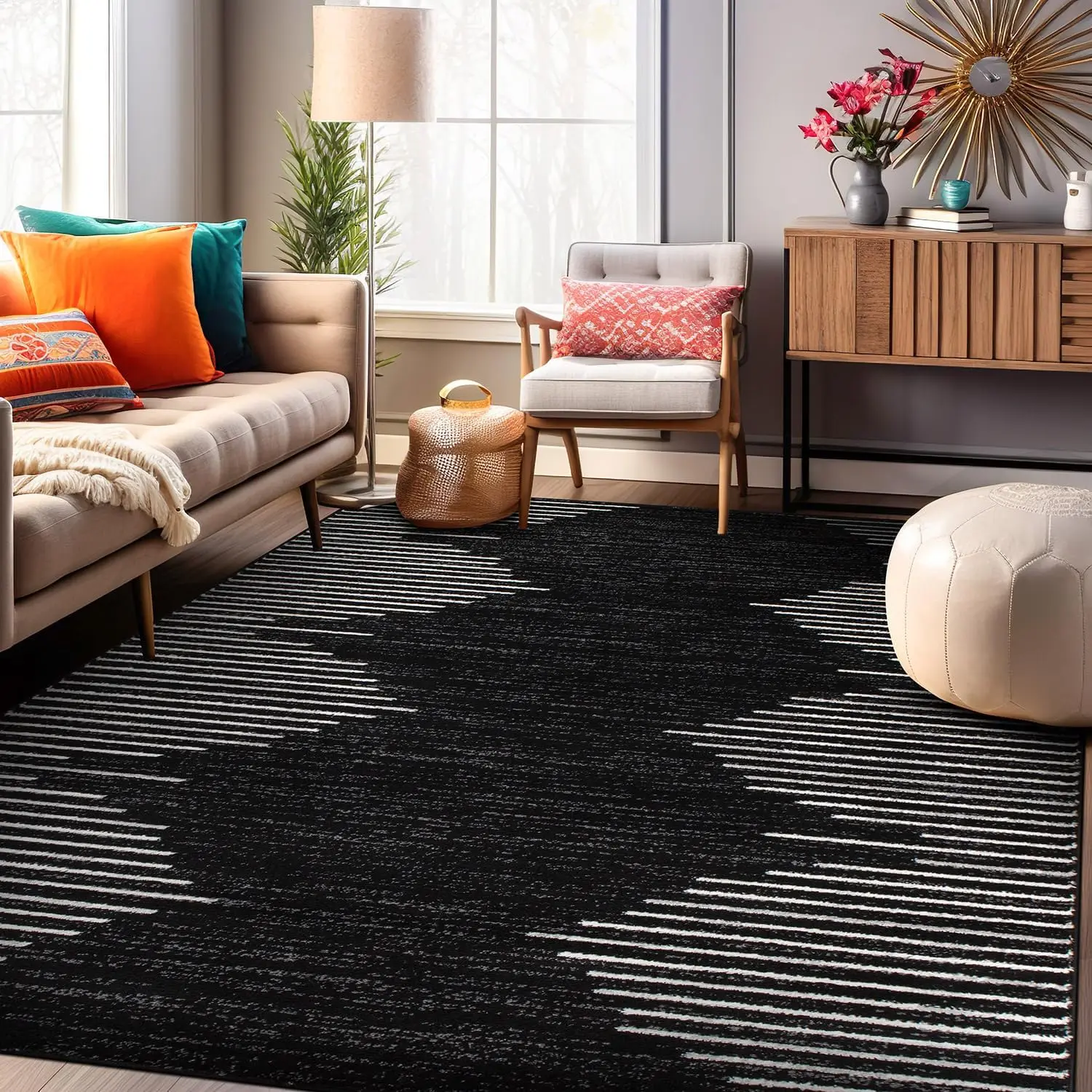 new Bohemian Stripe Stain Resistant High Traffic Living Room Kitchen Bedroom Dining Home Office Area Rug 5'x7' Black