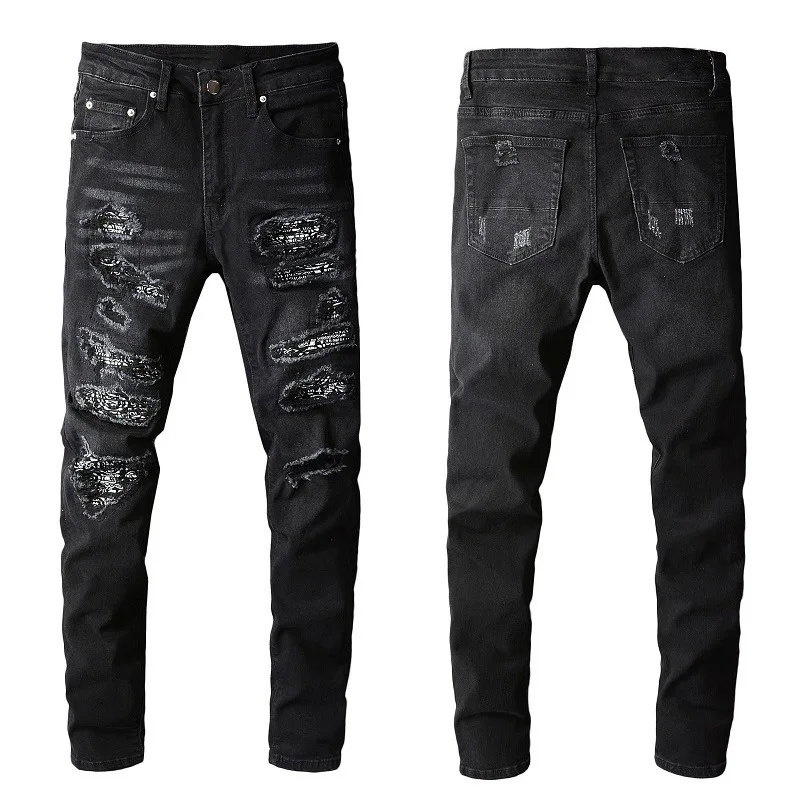 

Fashion European and American men's high street black jeans men's hand-worn multi-patch American small feet trendy brand