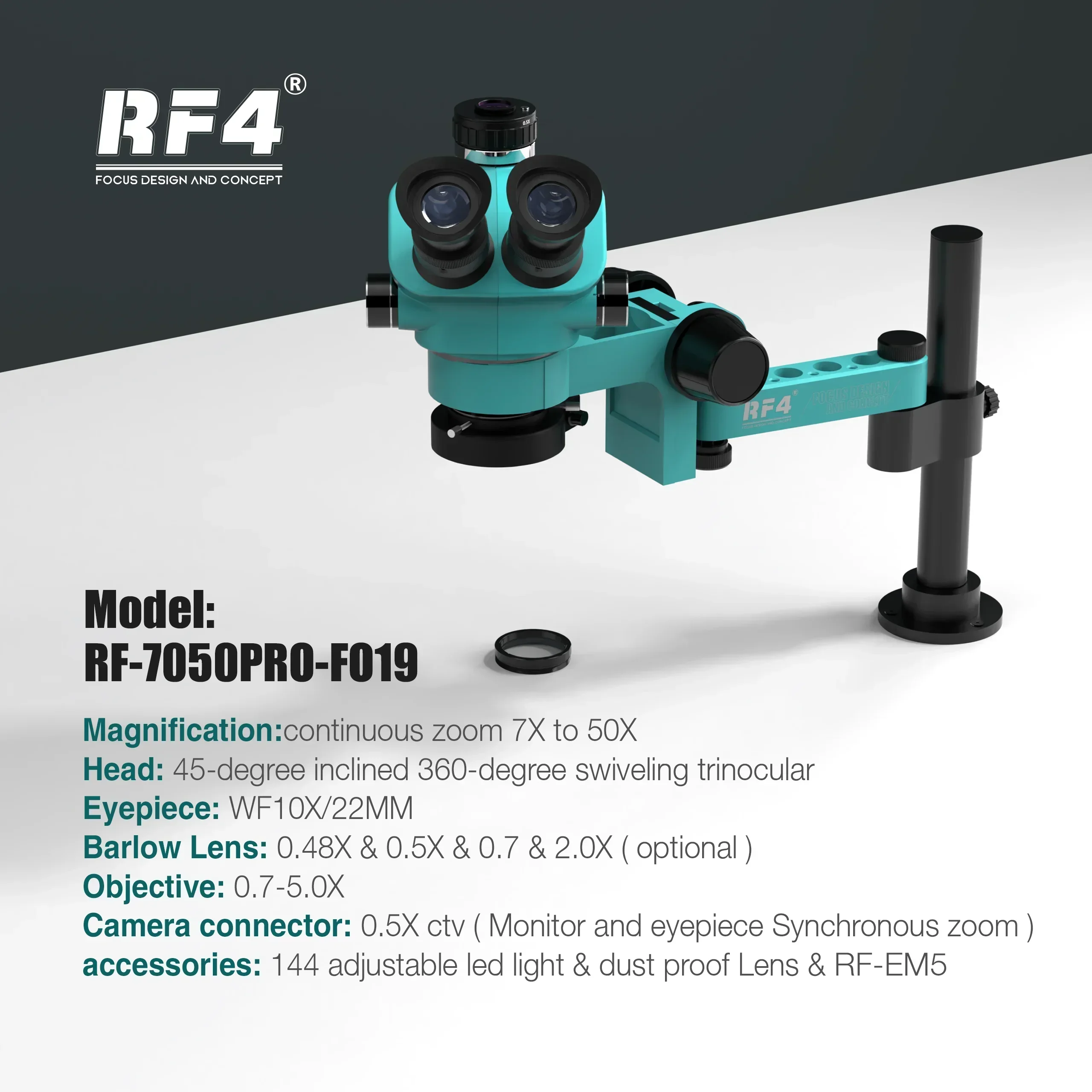 RF4 RF-7050PRO-FO19 360° Adjustable Universal Telescopic Rotating Lifting Trinocular Microscope with Silicone Pad for PCB Repair