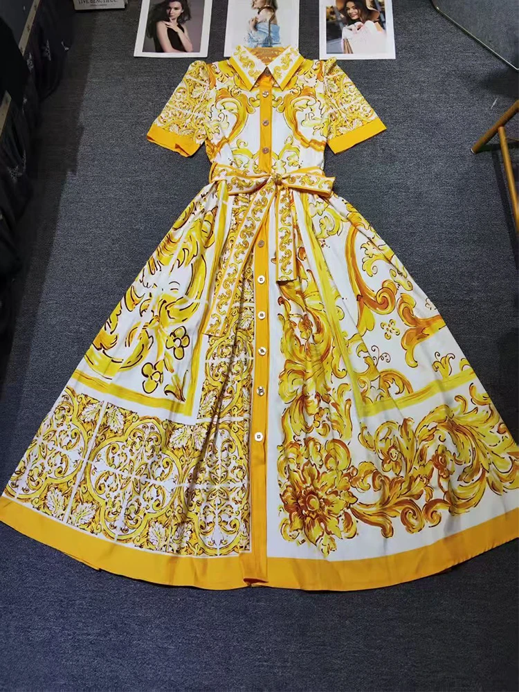 2025 الصيف المنصة جديد طية صدر السترة قصيرة الأكمام قميص مطبوع فستان مزاجه واحدة الصدر الدانتيل الخصر سوينغ ألف خط تنورة.