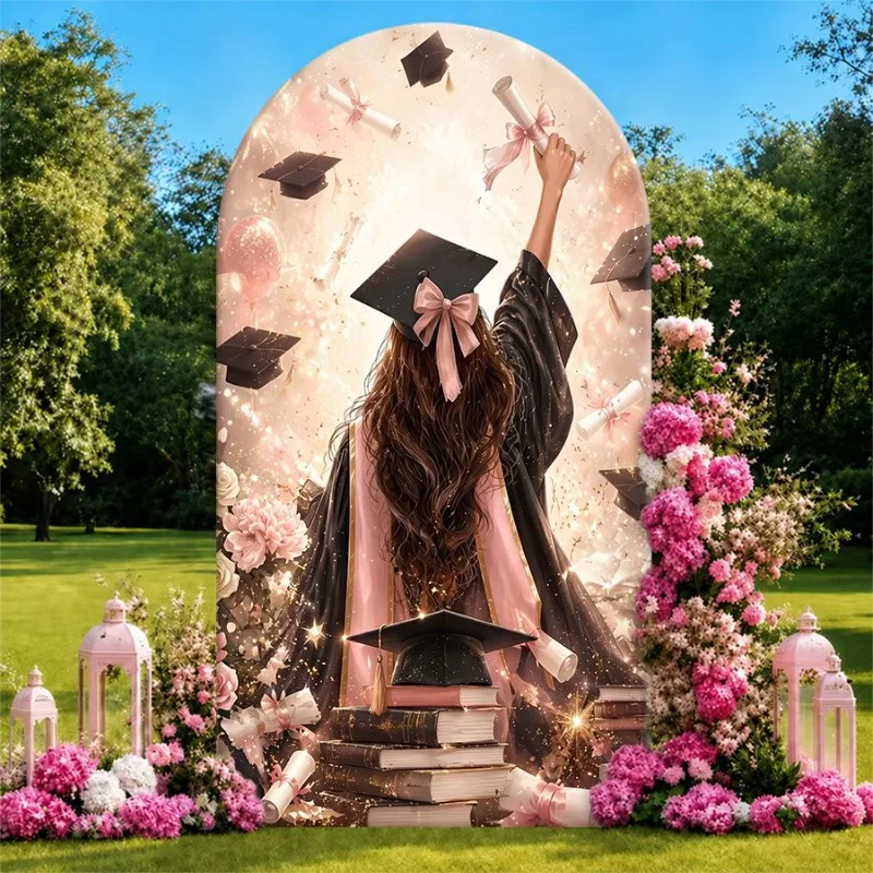 

Single Side Arch Backdrop Cover Graduation Celebration Background Backdrop with Floating Caps and Scrolls Surrounded by Pink
