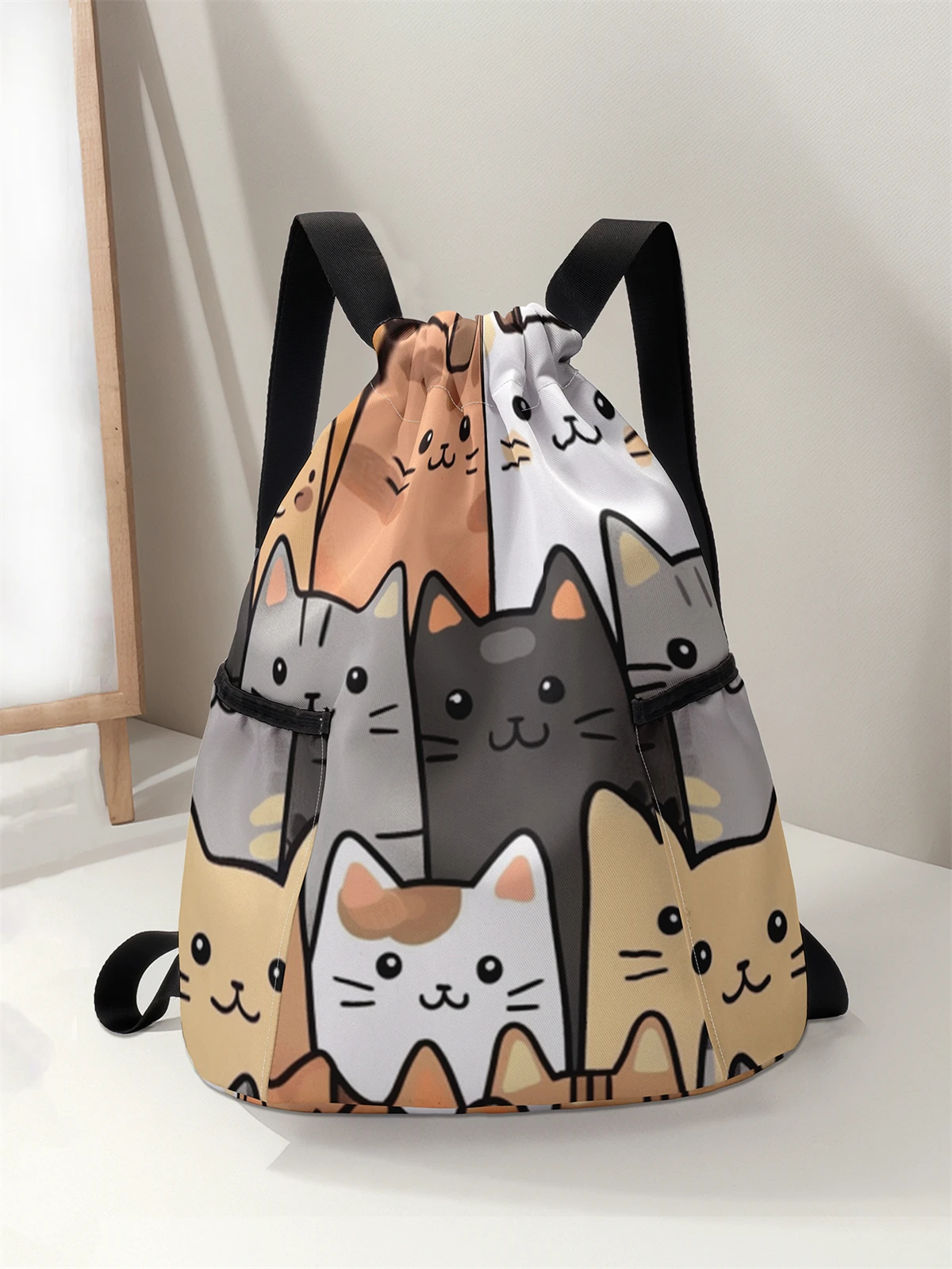 حقيبة ظهر برباط مطبوعة بنمط قطة لطيفة - حقيبة لياقة بدنية متينة ذات سعة كبيرة، حقيبة ظهر رياضية للشاطئ