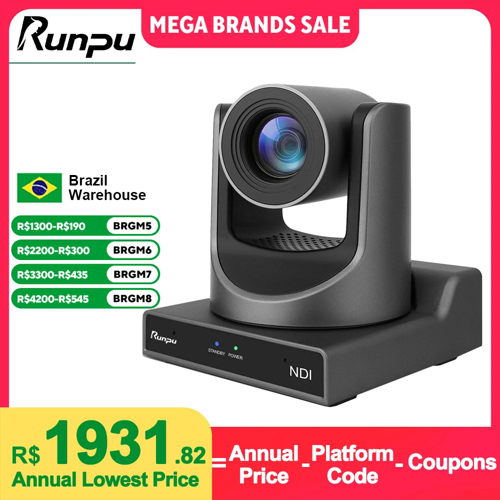Câmera PTZ Runpu NDI com Rastreamento por IA, Câmera de Conferência PTZ, Vídeo SDI HDMI USB POE, Câmera para Transmissão ao Vivo para Videoconferências e Igrejas