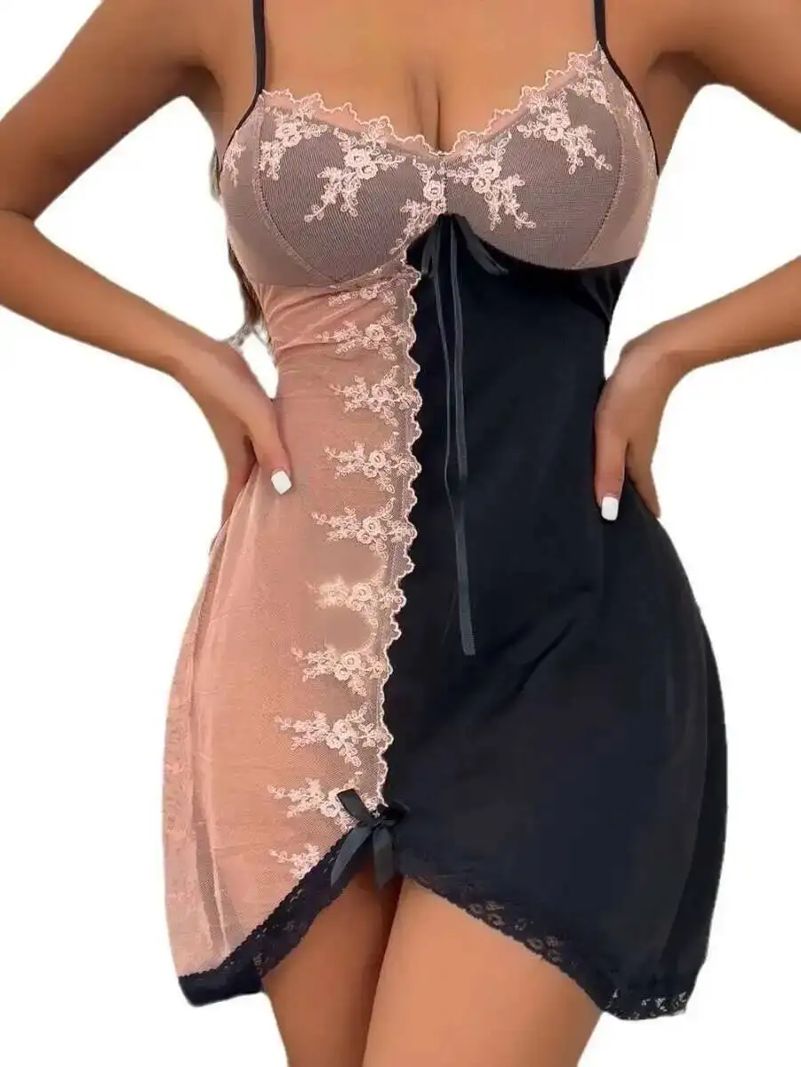 Robe Sexy bord en dentelle sangle transparente Sexy noir blanc imprimé de fleurs alternativement bretelles en V profond robe sans manches élégante HKCJ