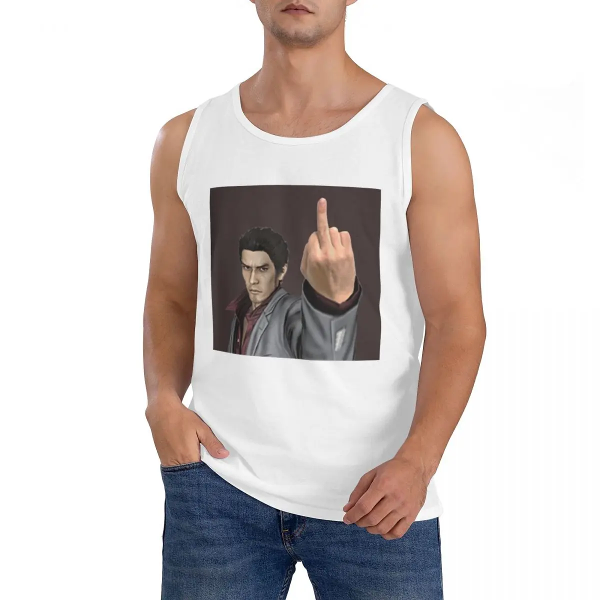 100% Cotton Kazuma Kiryu Middle Finger Sleeveless T-Shirt Men Workout Sports Clothing Tops Men's Crew Neck Vest