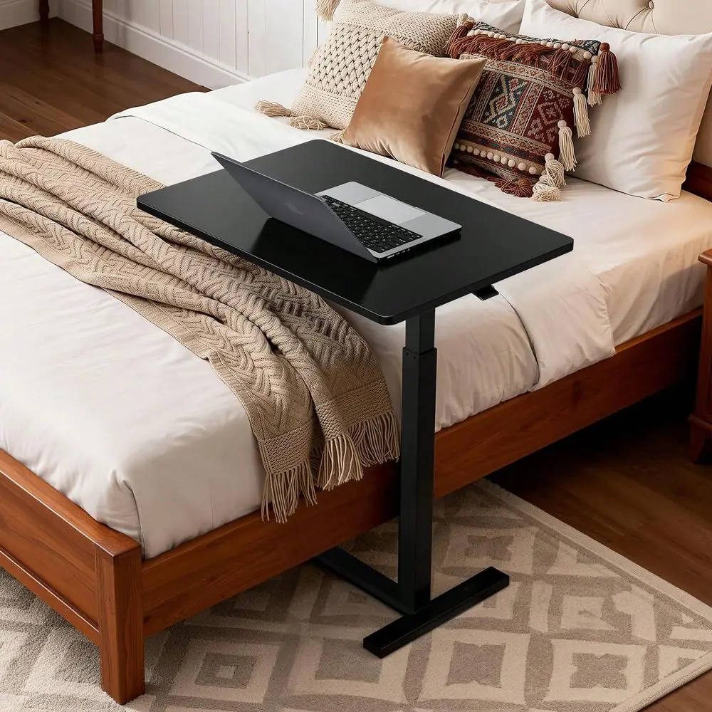 Pneumatic Height Adjustable Rolling Overbed Laptop Desk Movable Bedside Computer Table Hidden Casters Hospital Home Dual Use St