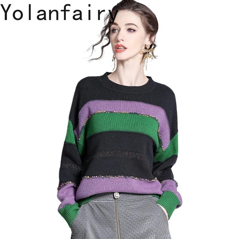 

YOLANFAIRY 89% Wool 11% Cashmere Sweater Woman Autumn Contrasting Color Korean Fashion Sweaters Long Sleeve Tops Women Pullovers